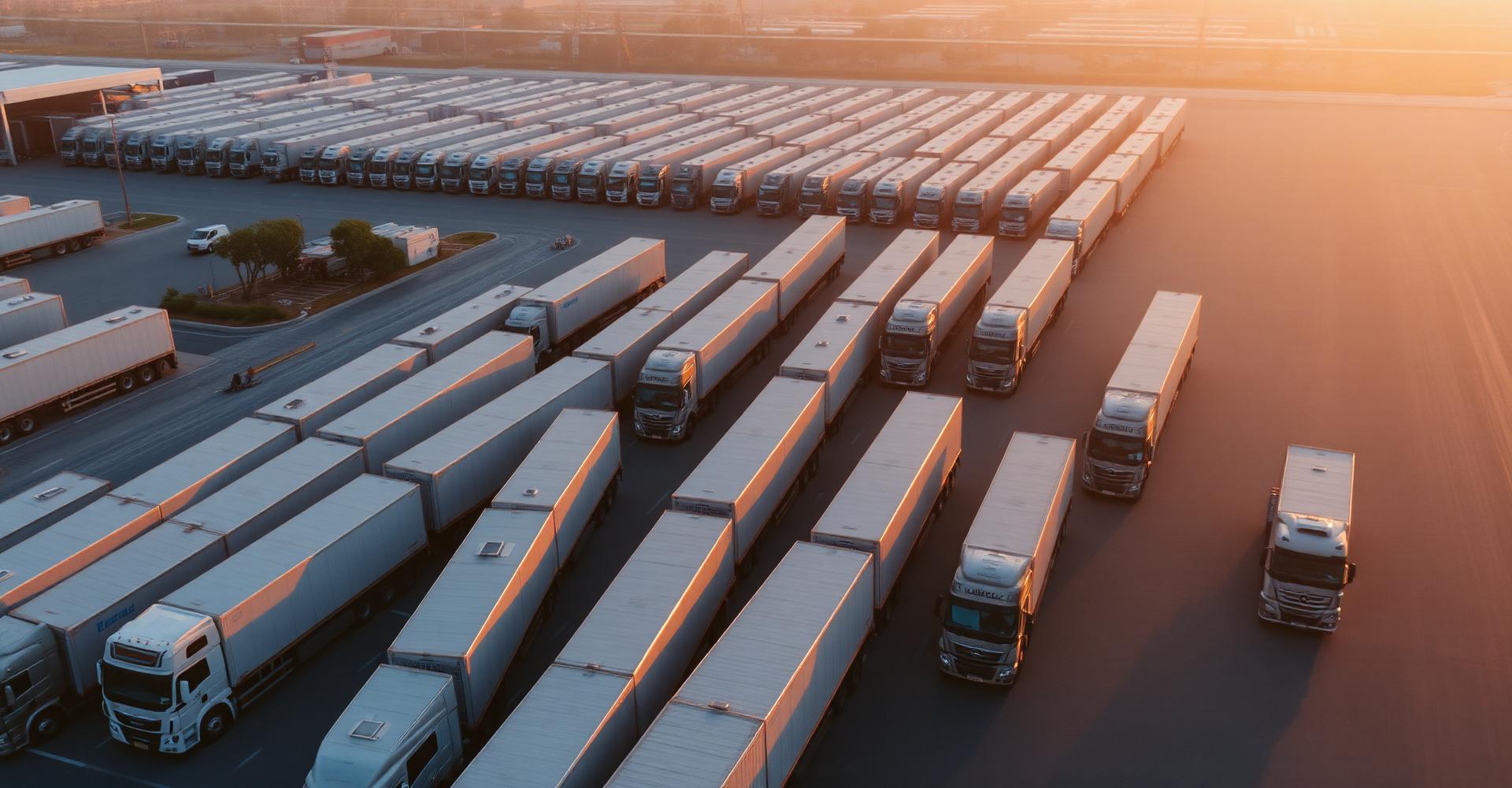 Large commercial truck fleet parked at a logistics depot at sunrise